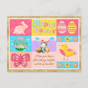 Happy Easter Joy with Bunny, Chick, Eggs & Flowers Postcard