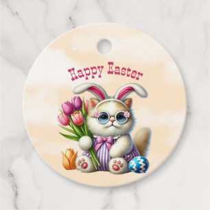 Happy Easter Kitty Wearing Sunglasses Bunny Ears Favour Tags