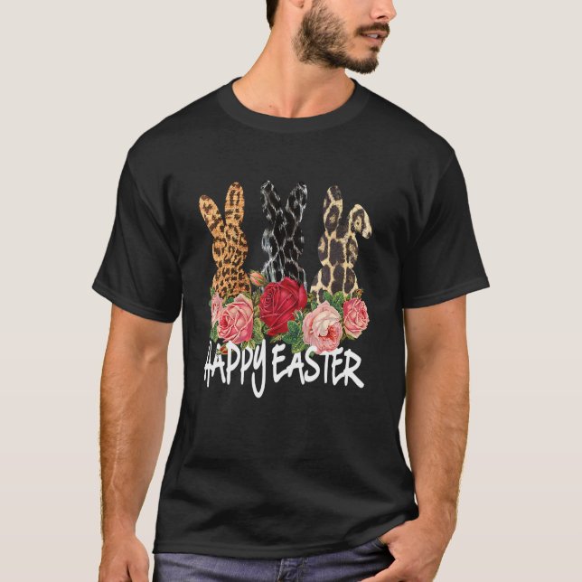 Happy Easter Leopard Easter Bunny Rabbit Trio Cute T-Shirt (Front)