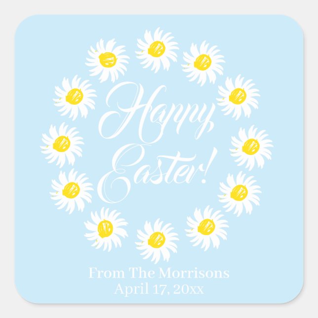 Happy Easter light blue daisy floral frame custom  Square Sticker (Front)