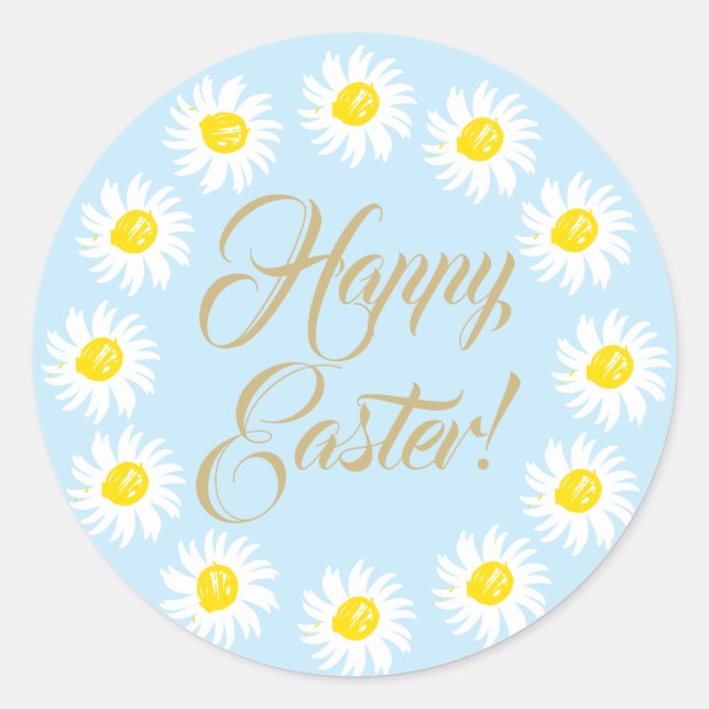 Happy Easter light blue script cute daisy floral Classic Round Sticker (Front)