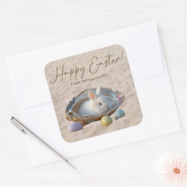 Happy Easter Lowcountry Oyster Shell and Bunny Square Sticker (Envelope)