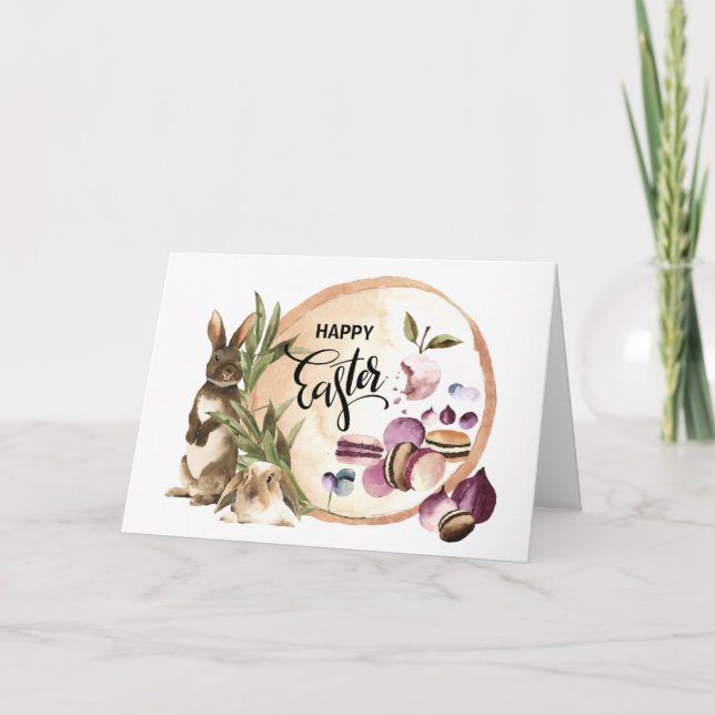 Happy Easter | Macaroons Bunnies with Spring Fruit Holiday Card (Front)