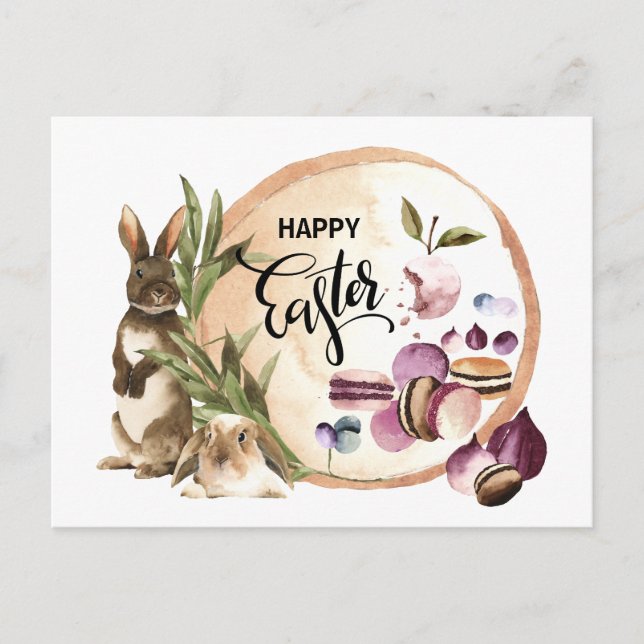Happy Easter | Macaroons Bunnies with Spring Fruit Holiday Postcard (Front)