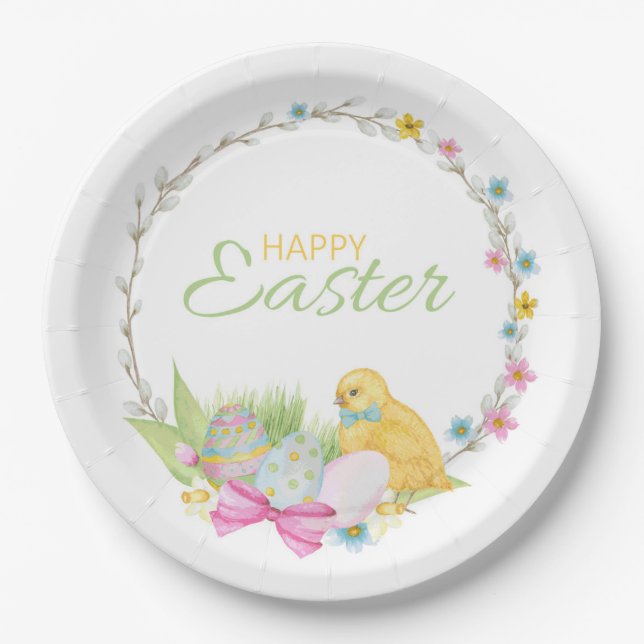 Happy Easter Modern Chick Eggs Floral Wreath Paper Plate (Front)