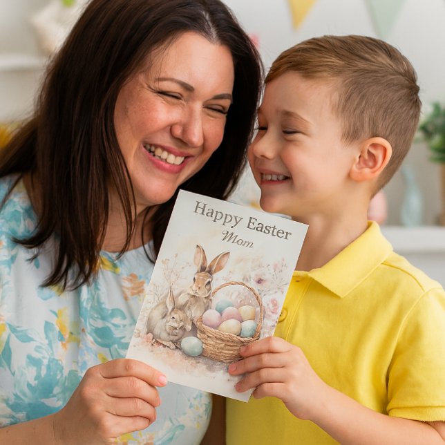 Happy Easter Mom Watercolor Folded Holiday Card (Create lasting Easter memories with heartfelt greeting cards from Susan's Nature & Seasonal Studio. )
