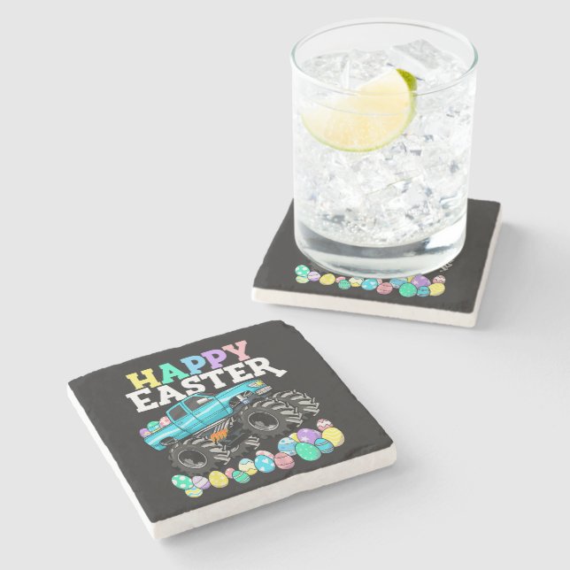 Happy Easter Monster Truck Easter Eggs Stone Coaster (Side)