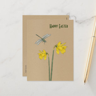 Happy Easter, narcissus, daffodil and dragonfly Holiday Postcard