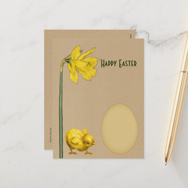 Happy Easter, narcissus, daffodil, egg and chick Holiday Postcard (Front/Back In Situ)