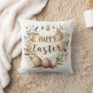 Happy Easter Neutral Rustic  Throw Pillow