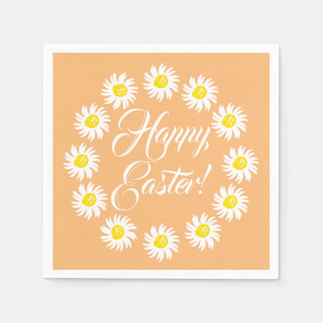 Happy Easter orange script cute daisy cheerful Napkin (Front)