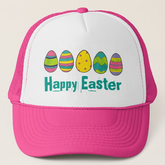 Happy Easter Painted Springtime Egg Hunt Eggs Trucker Hat (Front)