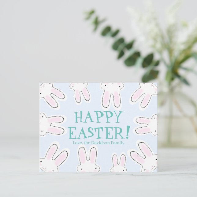 Happy Easter pale blue custom cute bunnies funny Holiday Postcard (Standing Front)