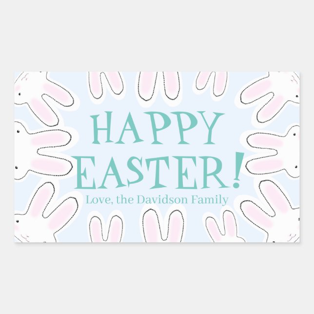 Happy Easter pale blue cute funny bunnies custom Rectangular Sticker (Front)