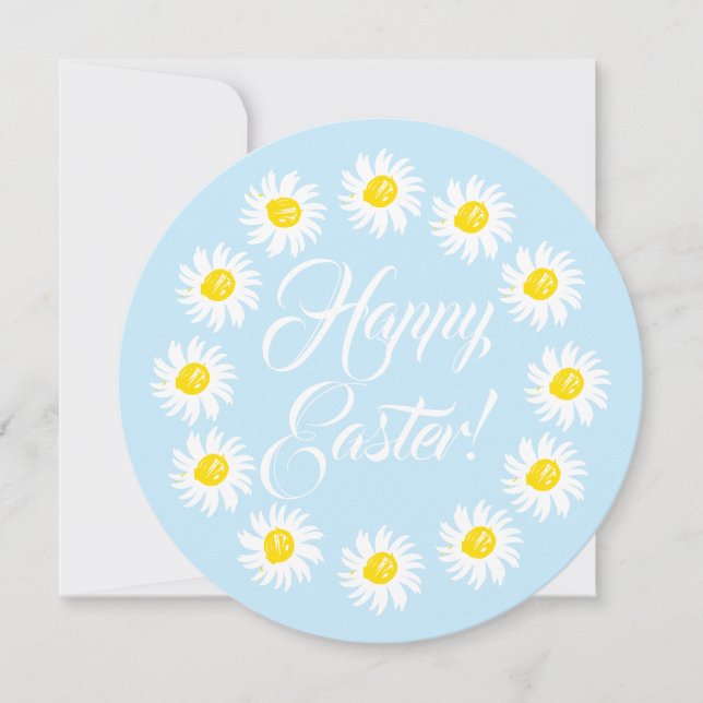 Happy Easter pale blue script cute daisies floral Holiday Card (Front)