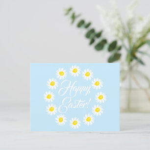 Happy Easter pale blue script cute daisy floral Holiday Postcard