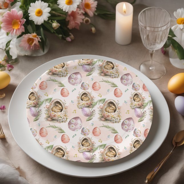 Happy Easter Party Bunny Celebration Pink Paper Plate (Creator Uploaded)
