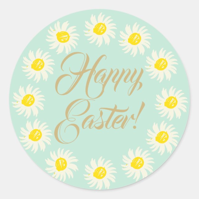 Happy Easter pastel cute daisy floral frame script Classic Round Sticker (Front)