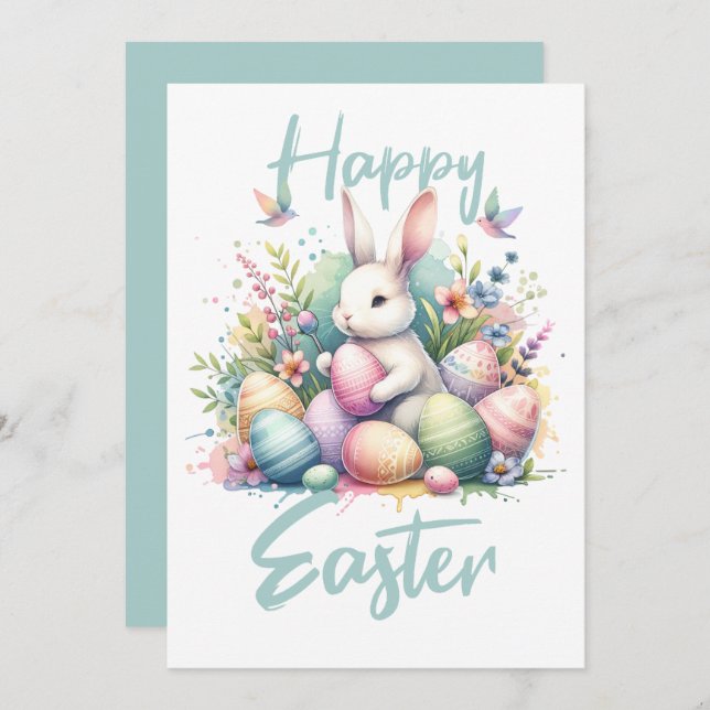 Happy Easter pastel Easter Bunny Egg watercolor Holiday Card (Front/Back)
