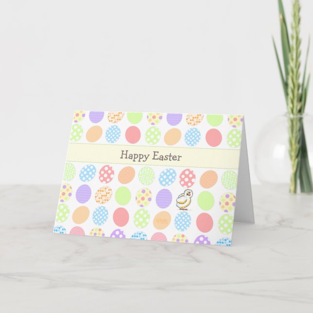 Happy Easter Pastel Eggs Chick Custom Text Holiday Card (Front)