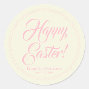 Happy Easter pastel pink hearts custom script cute Classic Round Sticker