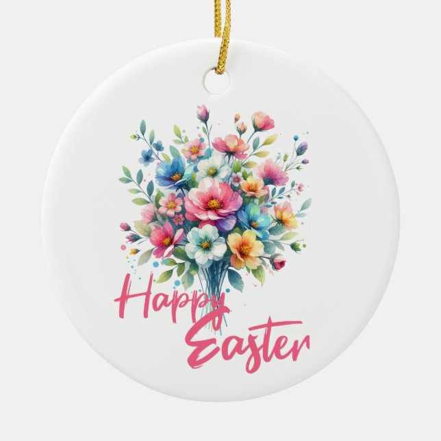 Happy Easter pastel pink spring flower bouquet  Ceramic Tree Decoration (Front)