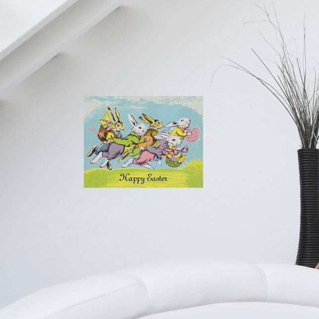 Happy Easter Pastel Running Rabbits Poster (Bunch of Easter rabbits pastel coloured clothing eggs baskets running in grass blue sky on poster.)