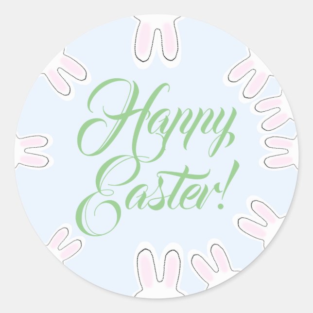 Happy Easter pastel script cute funny bunnies Classic Round Sticker (Front)