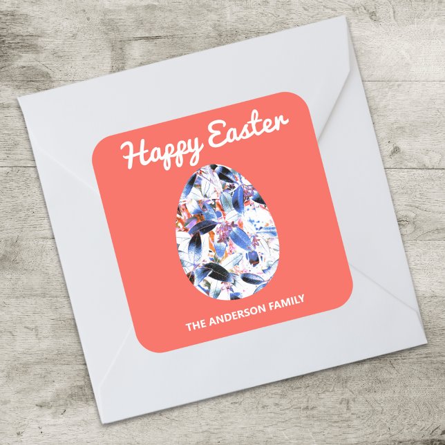 Happy Easter Patterned Egg Red Square Sticker (A colourful sticker with Happy Easter words and egg design, to personalize with your name(s))