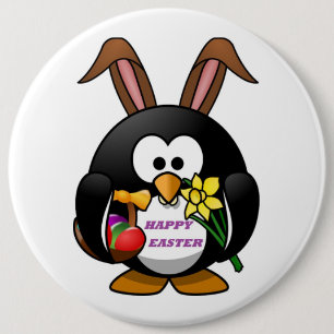 "HAPPY EASTER" PENGUIN BUNNY 6 CM ROUND BADGE