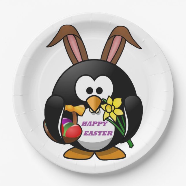 "HAPPY EASTER" PENGUIN BUNNY PAPER PLATE (Front)