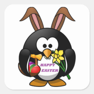 "HAPPY EASTER" PENGUIN BUNNY SQUARE STICKER
