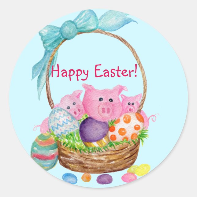 Happy Easter pigs, eggs in Easter basket stickers (Front)