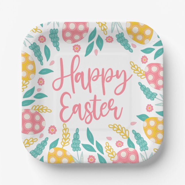 Happy Easter | Pink Aqua Easter Eggs Foliage Paper Plate (Front)