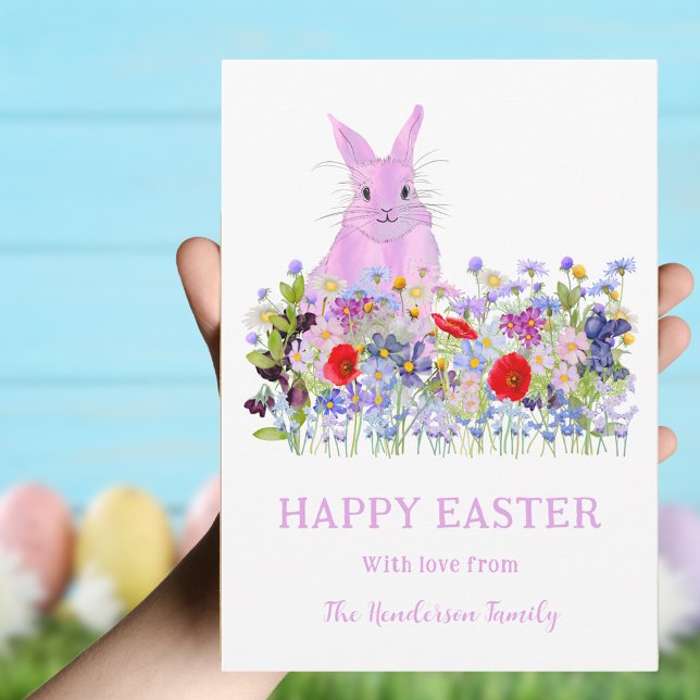 Happy Easter Pink Bunny Boho Wildflower Watercolor Holiday Card (Happy Easter pink bunny and colorful wildflowers personalized flat holiday card)