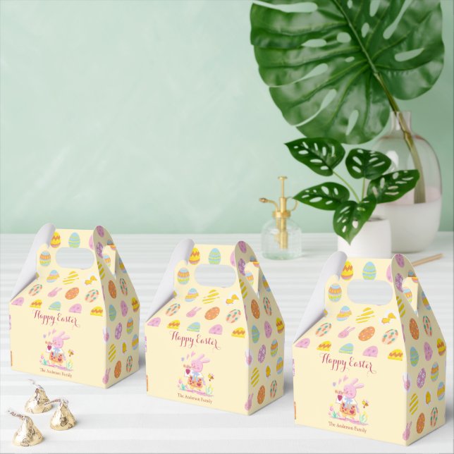 Happy Easter Pink Bunny Garden Egg Pattern Yellow Favour Box (Multiple)
