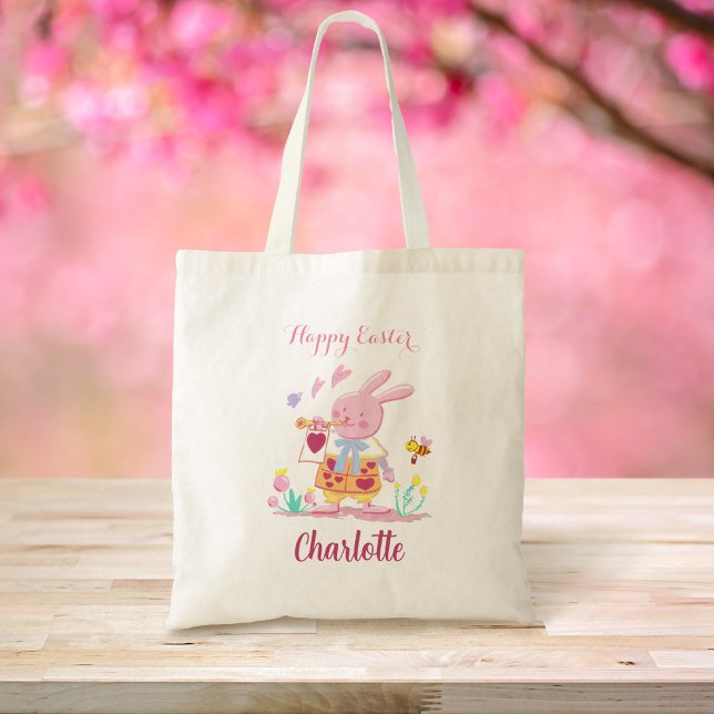 Happy Easter Pink Bunny Personalised Egg Hunting Tote Bag (Creator Uploaded)