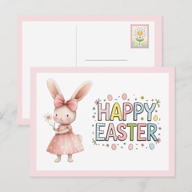 Happy Easter Pink Bunny Postcard (Front/Back)