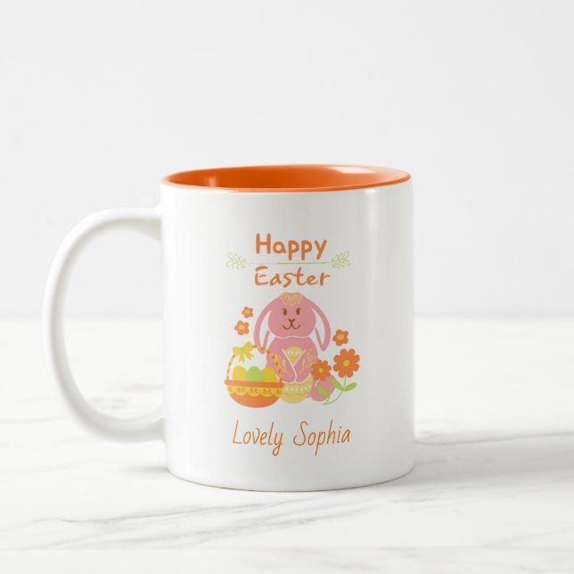 Happy Easter Pink Bunny  Two-Tone Coffee Mug (Left)