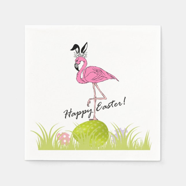 Happy Easter Pink Flamingo Bunny Ears and Eggs  Napkin (Front)
