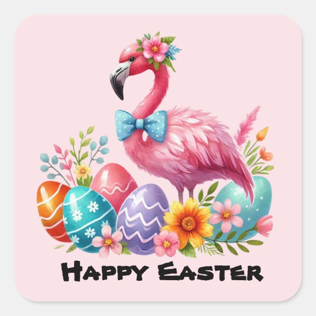 Happy Easter pink flamingo Holiday  Square Sticker (Front)