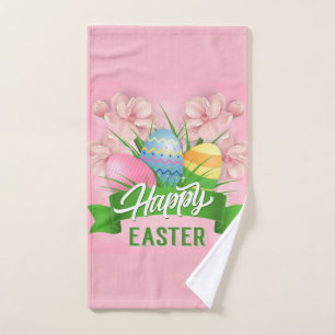 Happy Easter Pink Flowers And Eggs Bath Towel Set