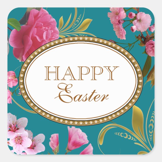 Happy Easter Pink Flowers Square Sticker (Front)