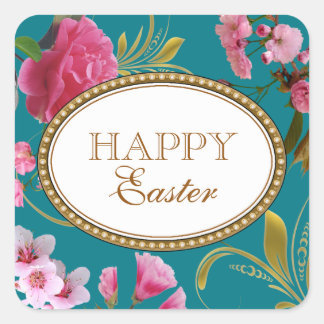 Happy Easter Pink Flowers Square Sticker