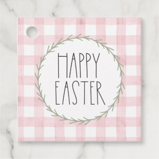 Happy Easter Pink Gingham Watercolor Favour Tags
