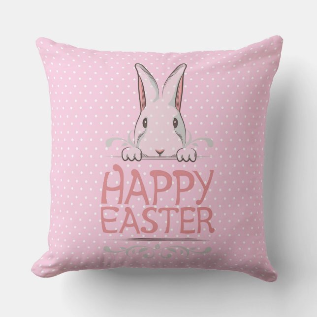 Happy Easter Pink Polka Dot Pillow (Front)