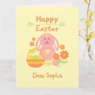 Happy Easter Pink Rabbit and Flowers   Card