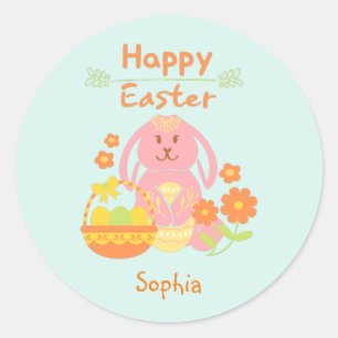 Happy Easter Pink Rabbit and Flowers  Classic Roun Round Sticker