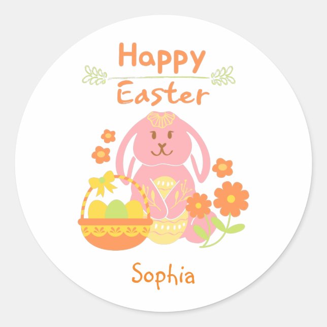 Happy Easter Pink Rabbit and Flowers  Classic Roun Round Sticker (Front)