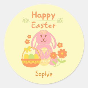 Happy Easter Pink Rabbit and Flowers  Classic Round Sticker